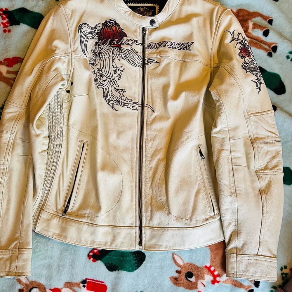 Harley-Davidson Women's Off-White Leather Jacket with Embroidery